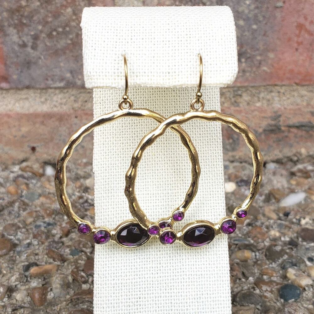 Gold Tone‎ Pierced Hoop Earrings with Purple Stones Elegant Chic 2"